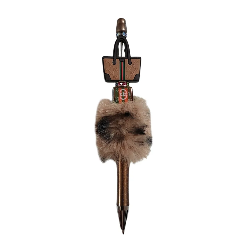 Fashion Fancy Mini Bag Fur Beaded Ballpoint Twist Pen Brown